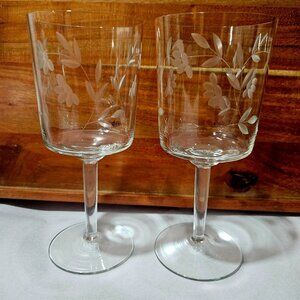 2 Colony Crystal Monet Water Glasses 7.5" etched floral blown glass flowers vtg